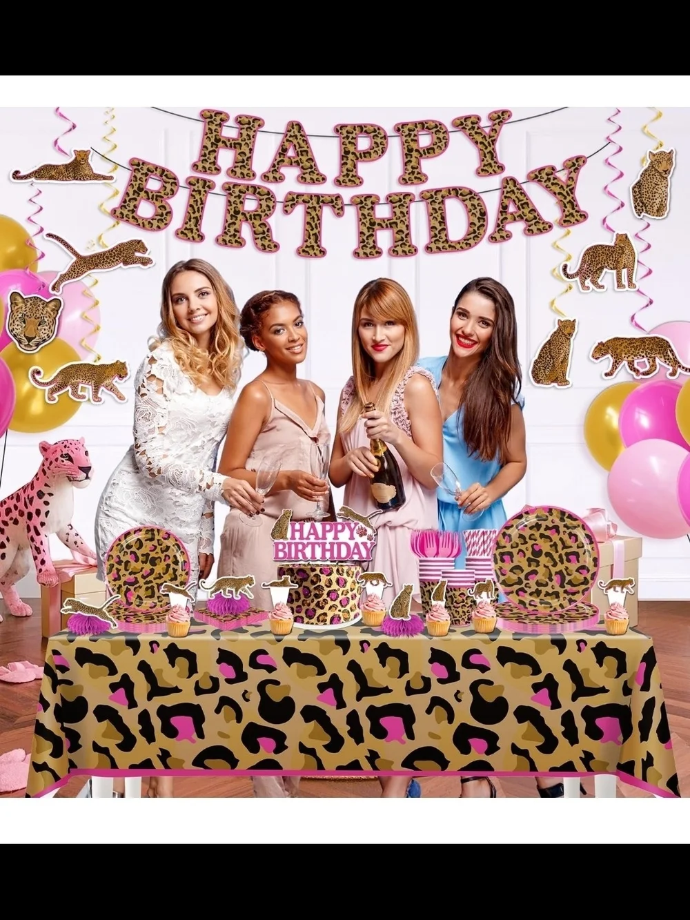 Wild Leopard Print Pink & Gold Birthday Party Kit For 50 Guest